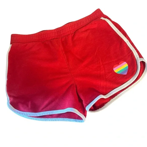 Red Women’s Athletic Shorts with Rainbow Heart Detail - Picture 3 of 4
